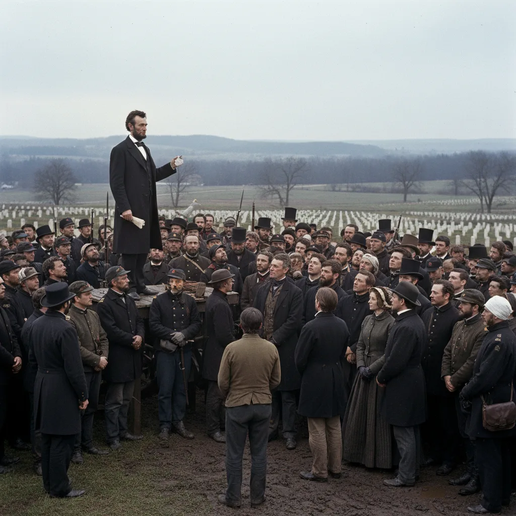 Abraham Lincoln pronuncia il Discorso di Gettysburg, 1863.