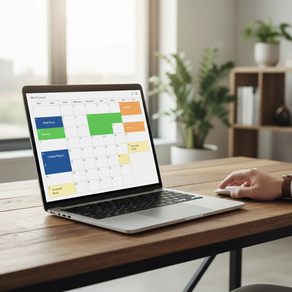 Calendario digital que muestra bloques de tiempo para el trabajo concentrado y los descansos.