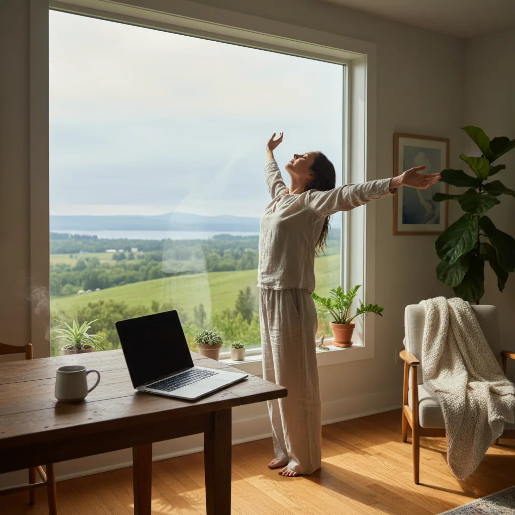 Persona estirándose junto a una ventana durante un descanso del trabajo remoto.