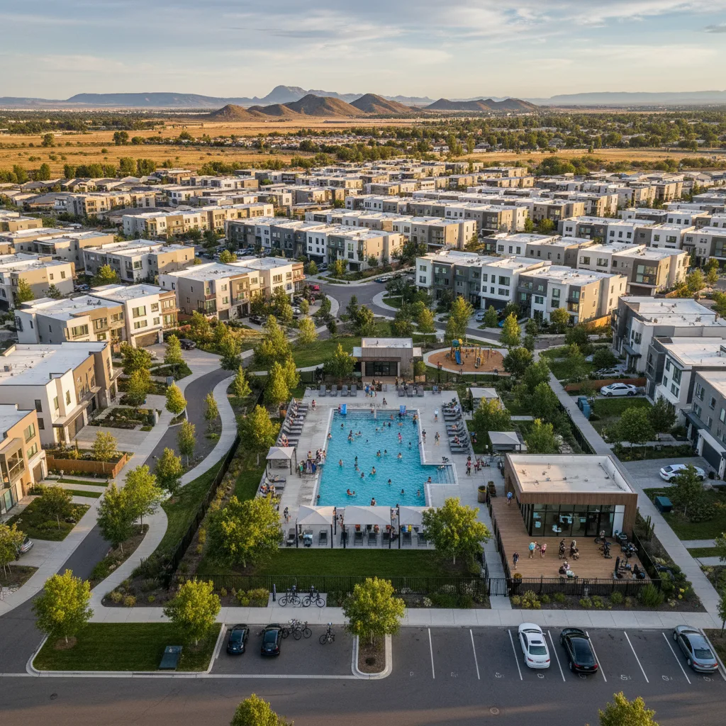 Communauté moderne de logements locatifs clé en main avec divers logements et commodités.