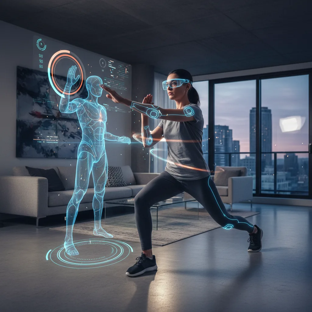 Person in MR glasses and haptic suit training in a virtual environment.