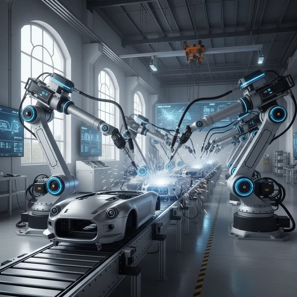 Robots effectuant des tâches complexes dans une usine moderne, réduisant le travail manuel.