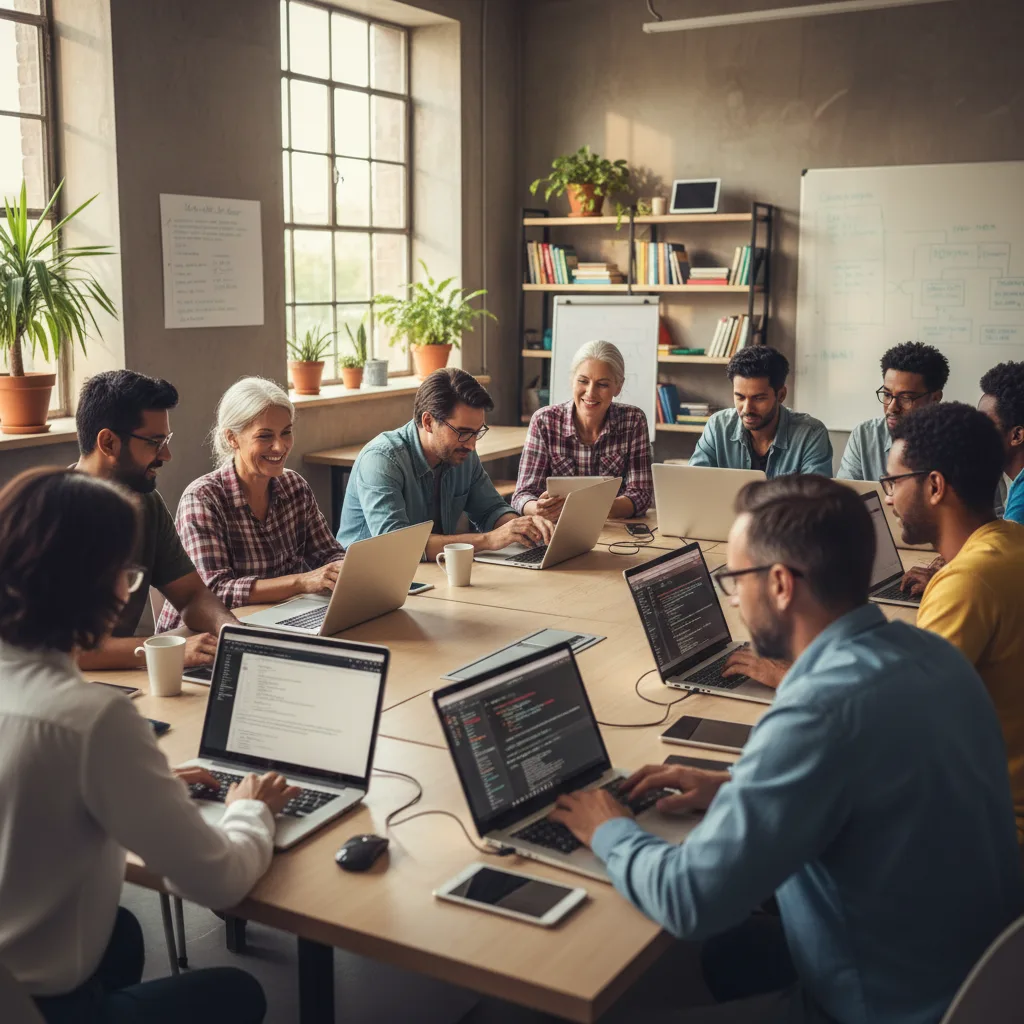 Adultes divers apprenant de nouvelles compétences numériques dans une salle de classe moderne.