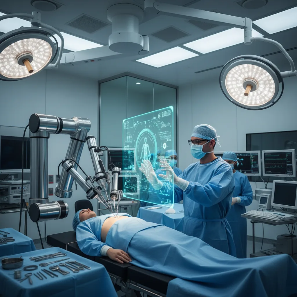 AI-powered surgical robot assisting a human surgeon with precision.