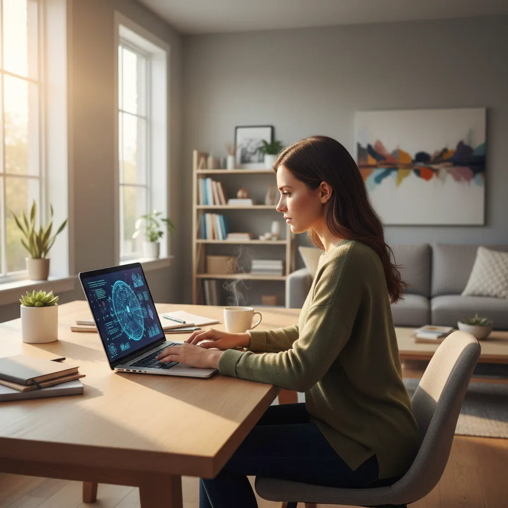Emprendedor usando laptop para un emprendimiento paralelo en la nube con IA.