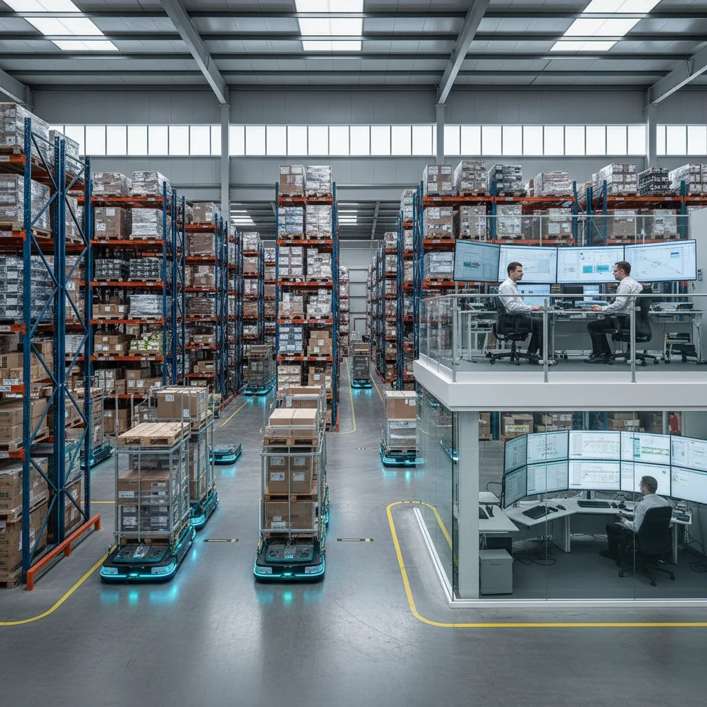 Robot guidati dall'IA gestiscono l'inventario in un magazzino moderno.