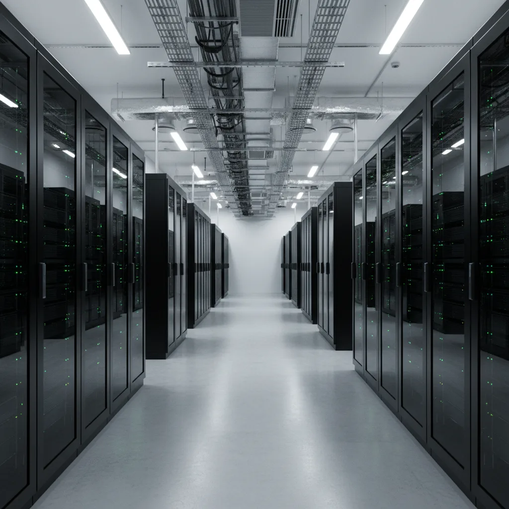 Centre de données moderne, serveurs lumineux, représentant la puissance de calcul de l'IA.