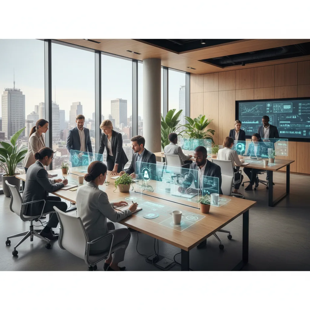 Divers professionnels collaborant avec l'IA dans un bureau moderne et lumineux.