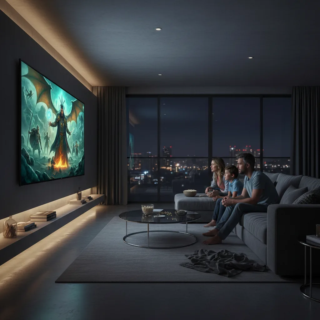 Famiglia affascinata da un film vibrante in 4K Ultra HD in TV.