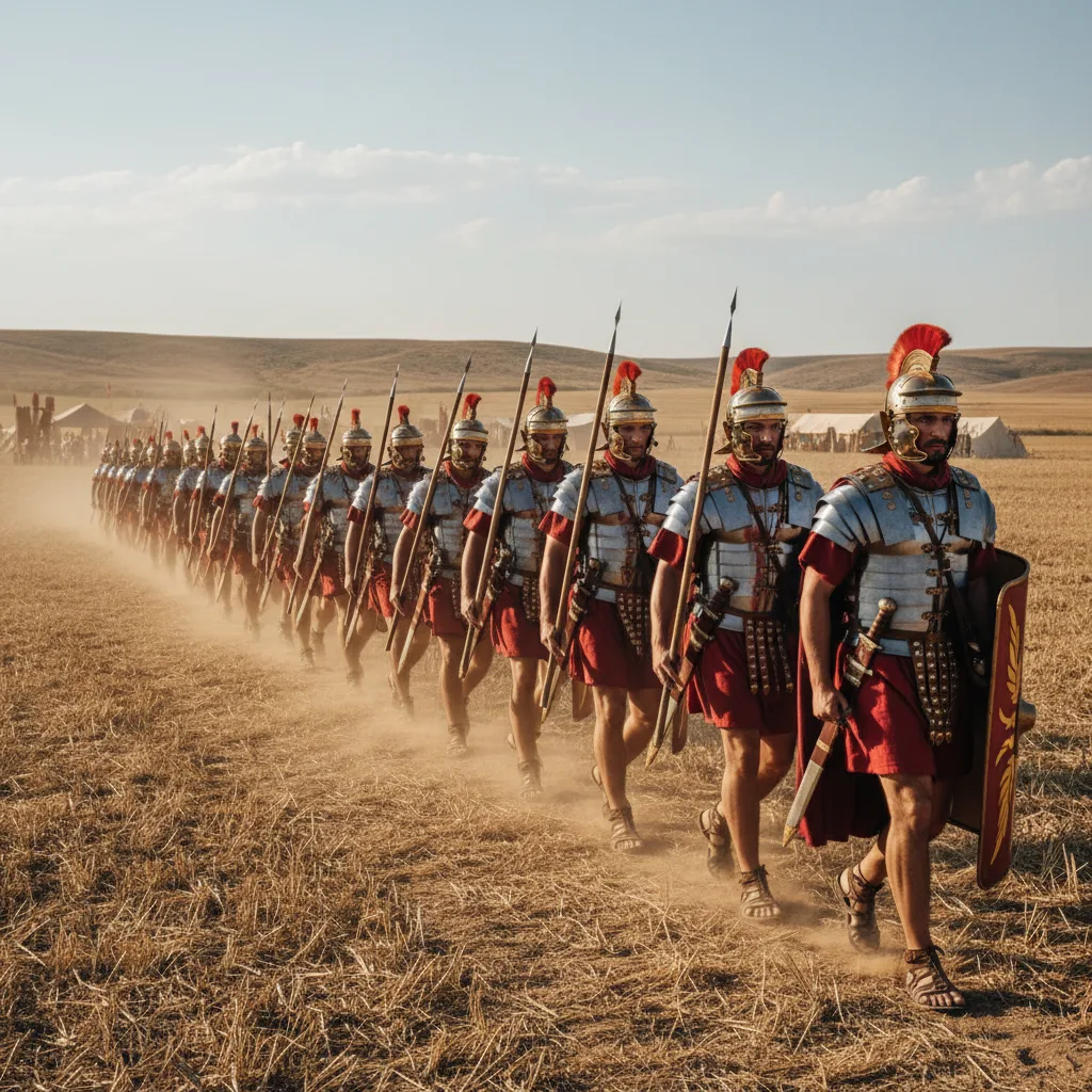 Recreadores de legionarios romanos marchando en formación.