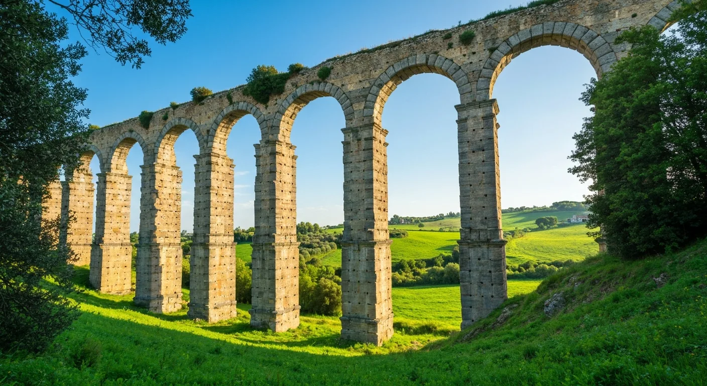 Ruinas de un antiguo acueducto romano en un paisaje moderno.
