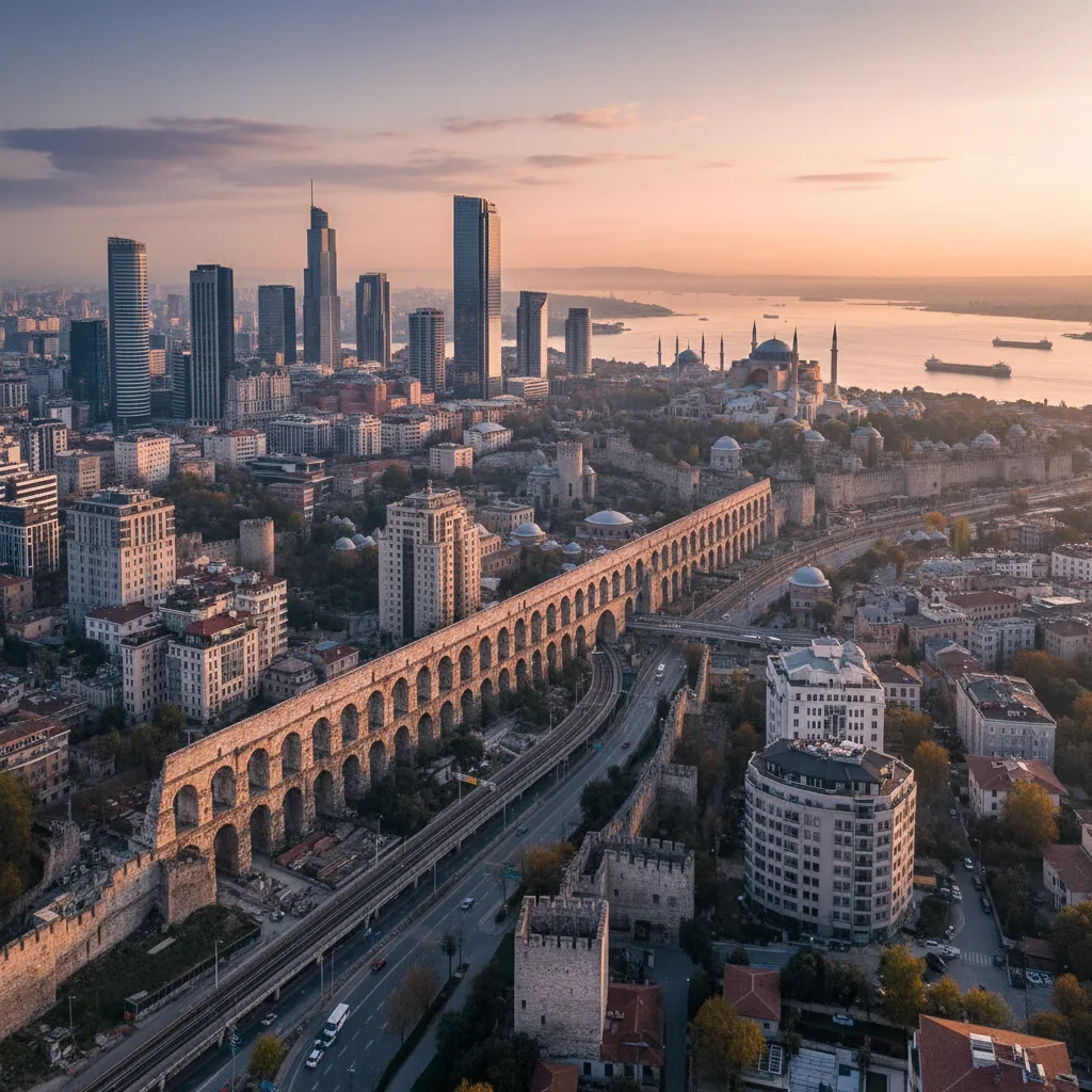 Horizonte moderno de Estambul con elementos romanos antiguos.