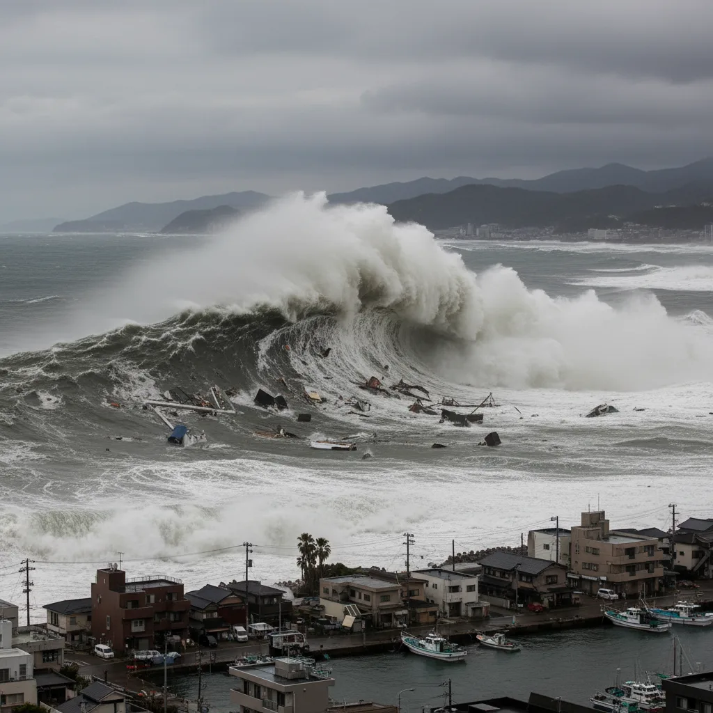 Enorme onda di tsunami che inghiotte una città costiera durante il terremoto di Tohoku del 2011.