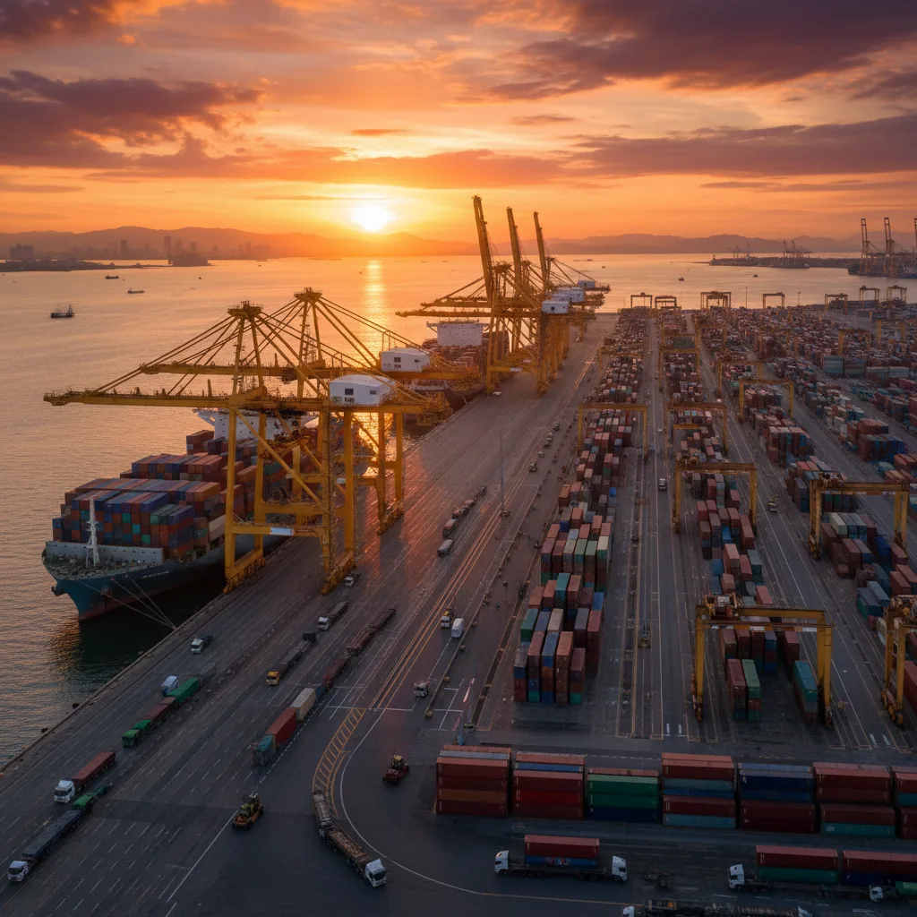 Puerto concurrido con buques portacontenedores, grúas y camiones.