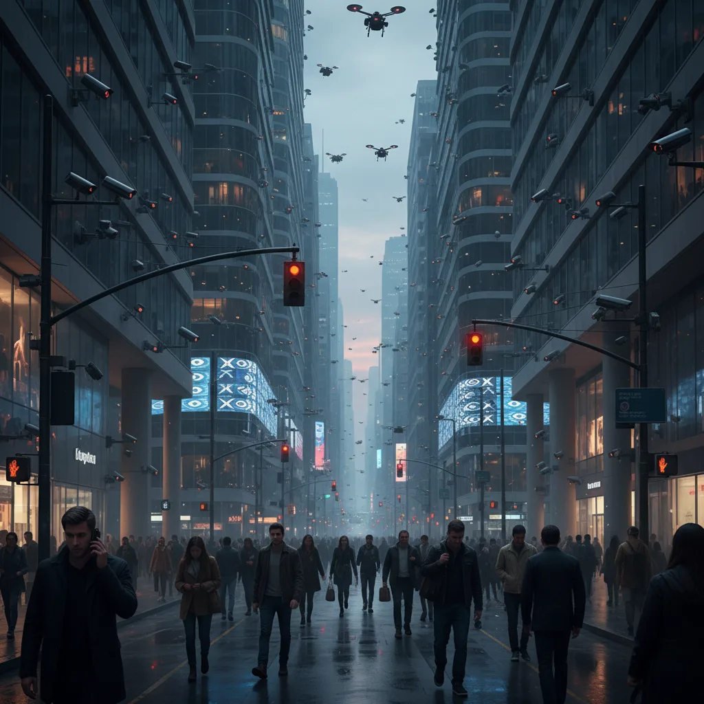 Caméras de surveillance IA surveillant les citoyens dans un environnement urbain moderne.