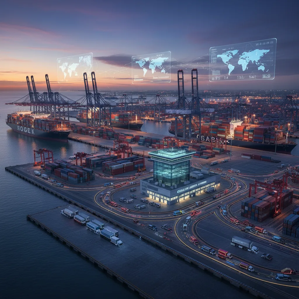 Chaîne d'approvisionnement mondiale optimisée par l'IA avec des cargos et des entrepôts automatisés.