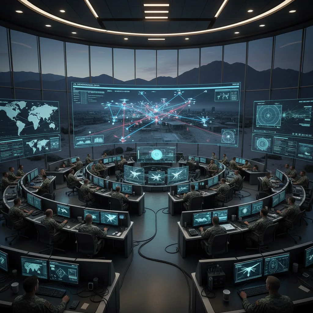 Centre de commandement militaire alimenté par l'IA supervisant des systèmes de défense avancés.