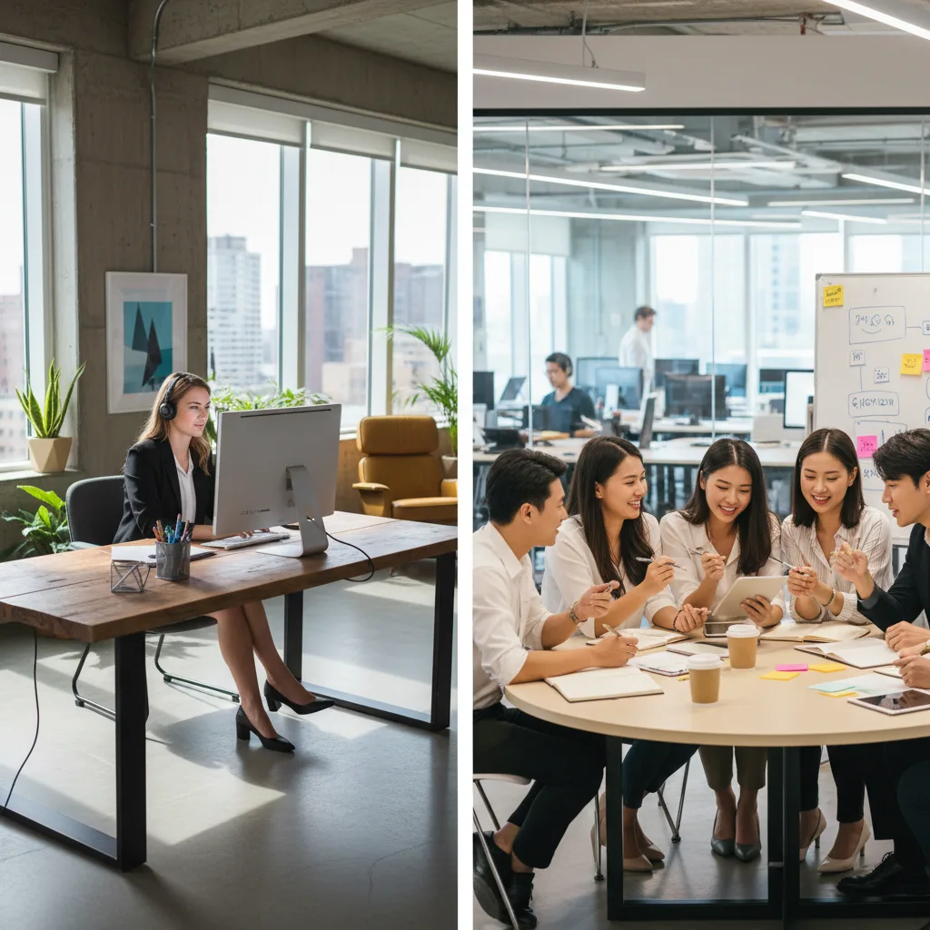 Scènes contrastées : réussite individuelle européenne vs. harmonie de groupe asiatique.