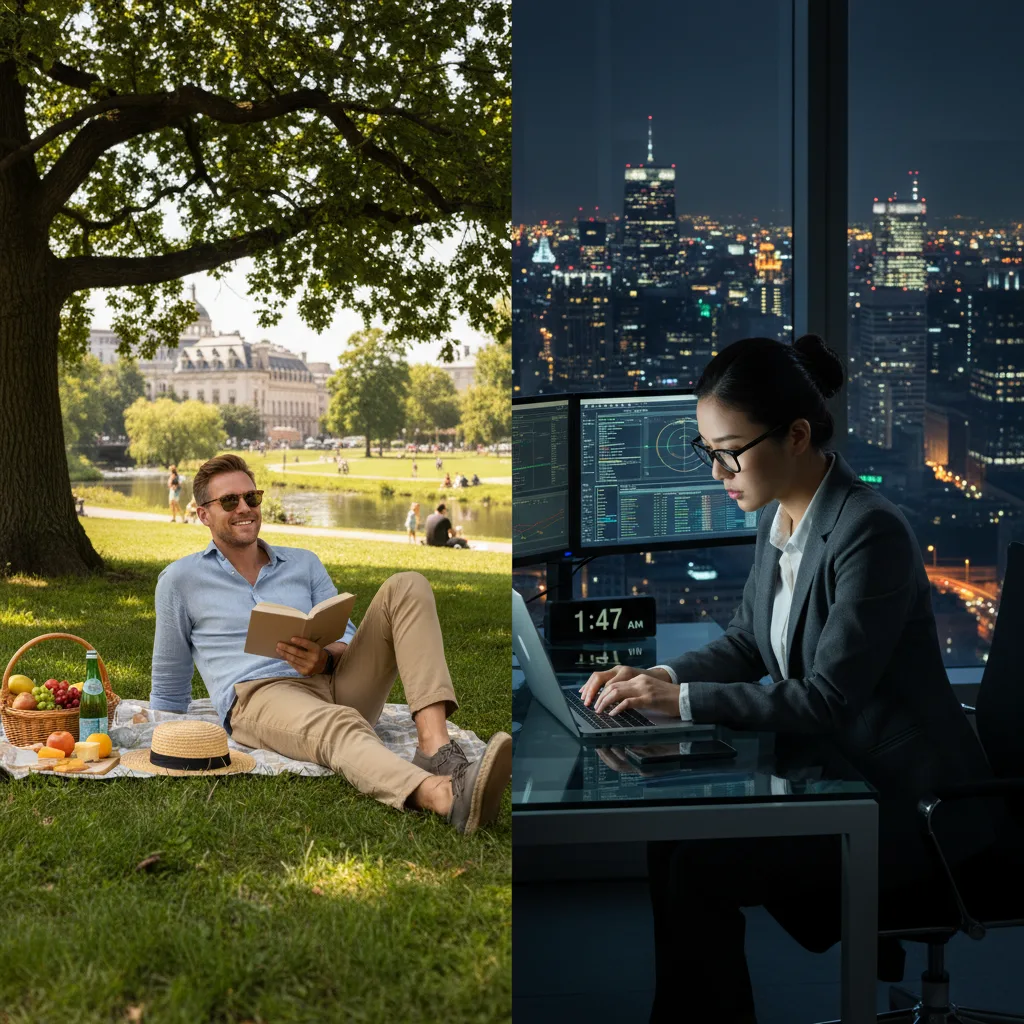 Équilibre travail-vie personnelle contrasté : loisirs européens vs. dévouement asiatique.