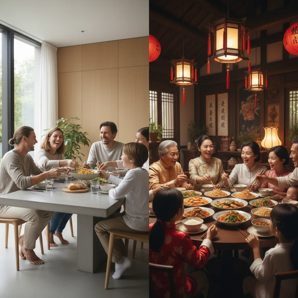 Familles contrastées : famille nucléaire européenne vs. famille élargie asiatique.