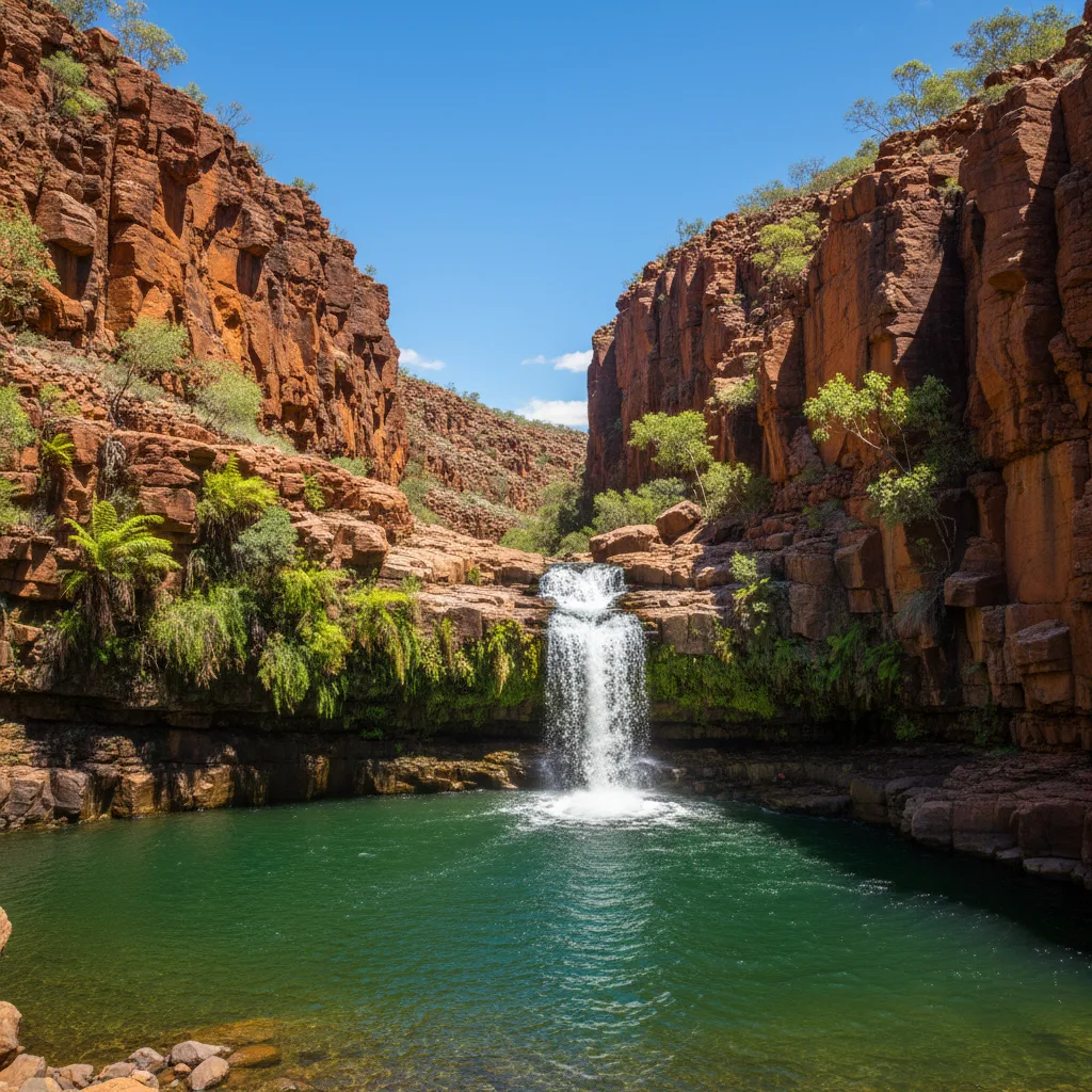 Gorge profonde rouge rouille, piscine d'émeraude, cascade, Karijini.