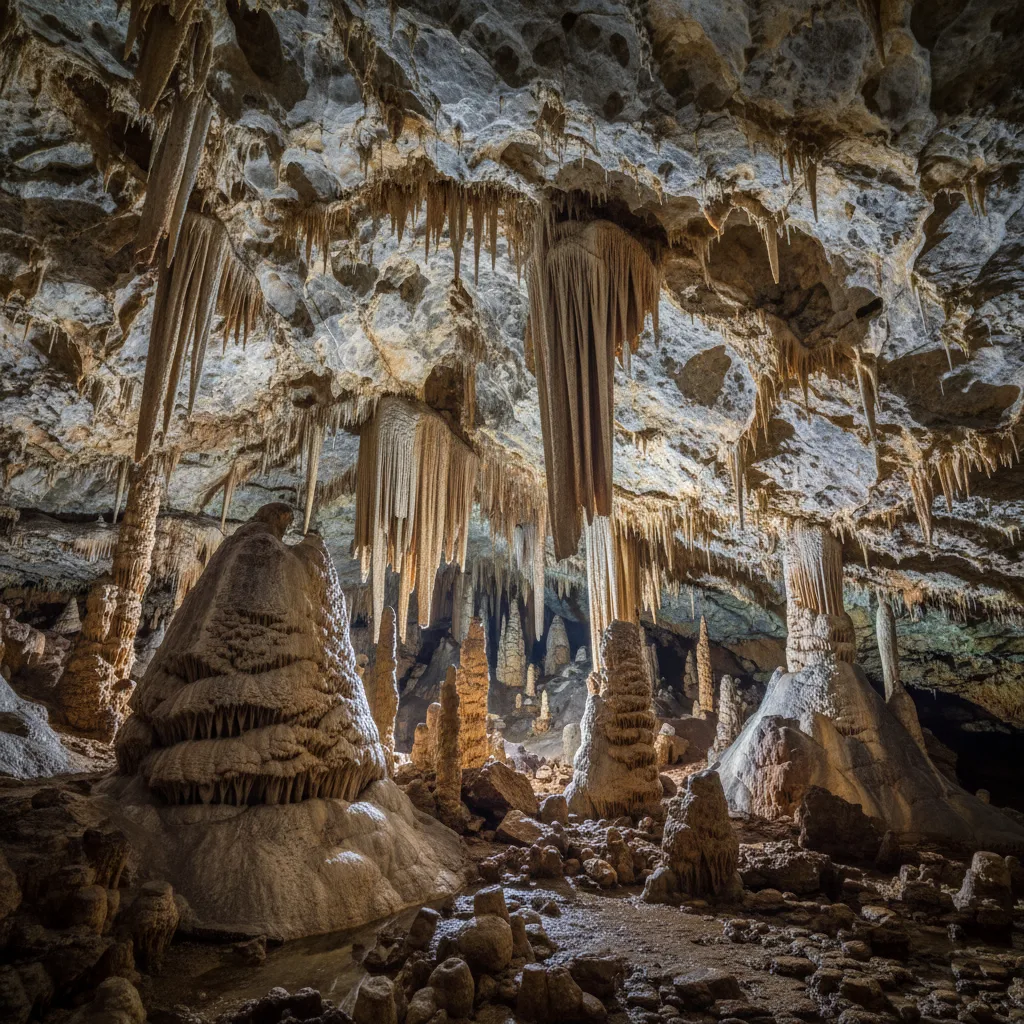 Magnifiques stalactites et stalagmites dans une ancienne grotte calcaire.