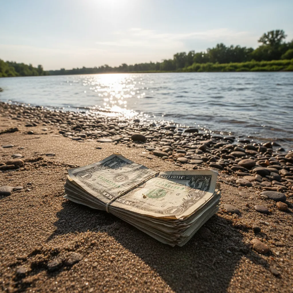 Fascio di vecchie banconote parzialmente sepolto su una riva di fiume.