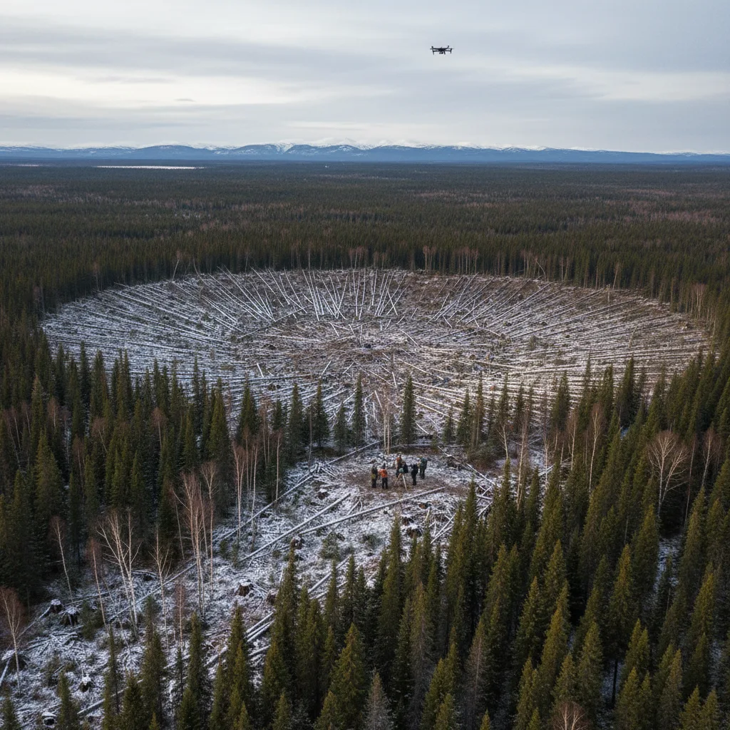 Bosque siberiano con árboles arrasados por el Evento de Tunguska.
