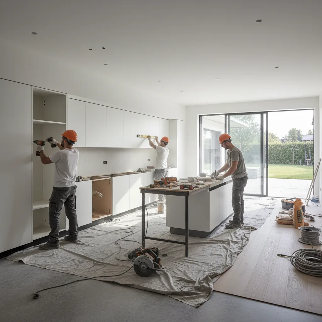 Renovación de cocina moderna con trabajadores de la construcción instalando nuevos gabinetes.