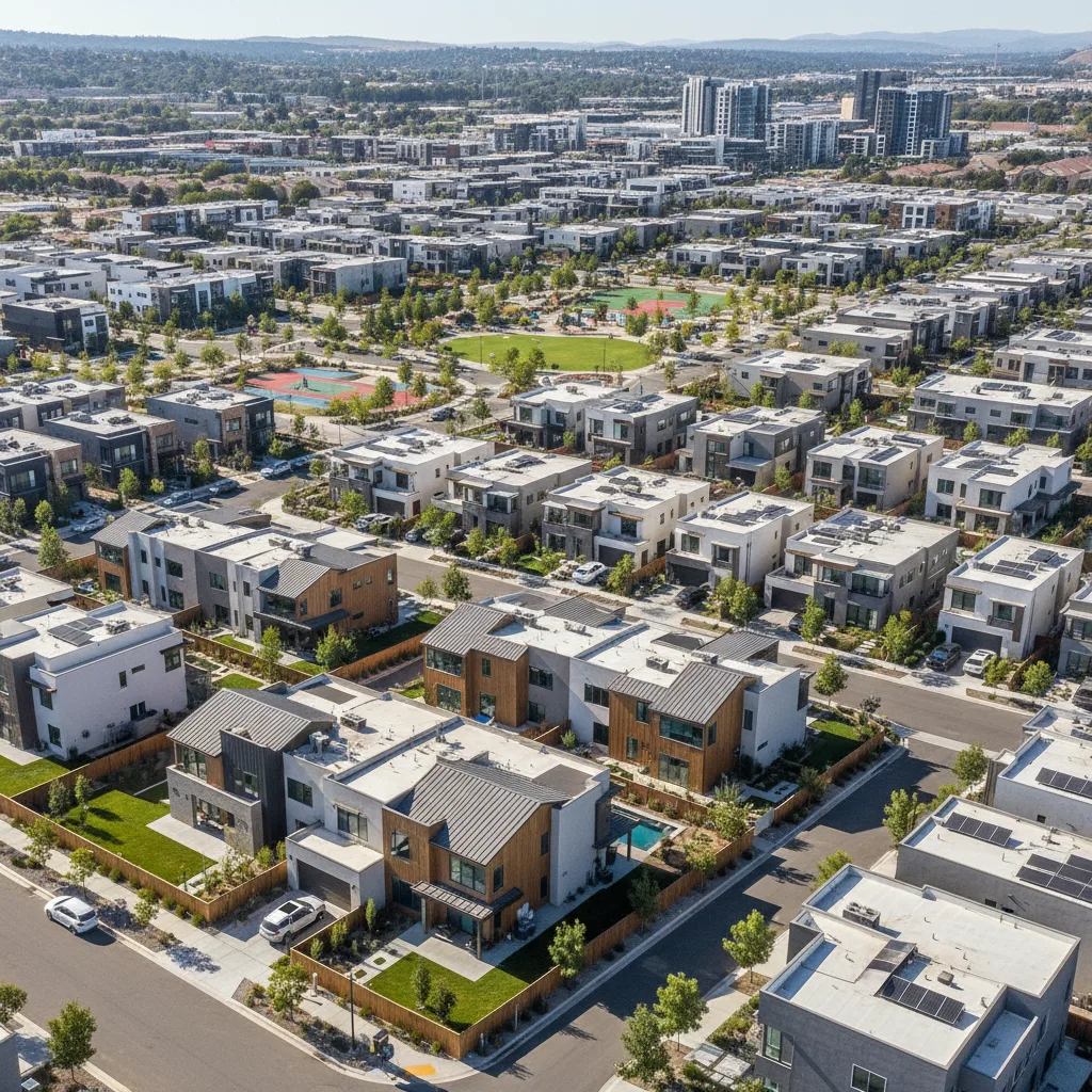 Vista aérea de una cartera diversa de propiedades residenciales de alquiler modernas.