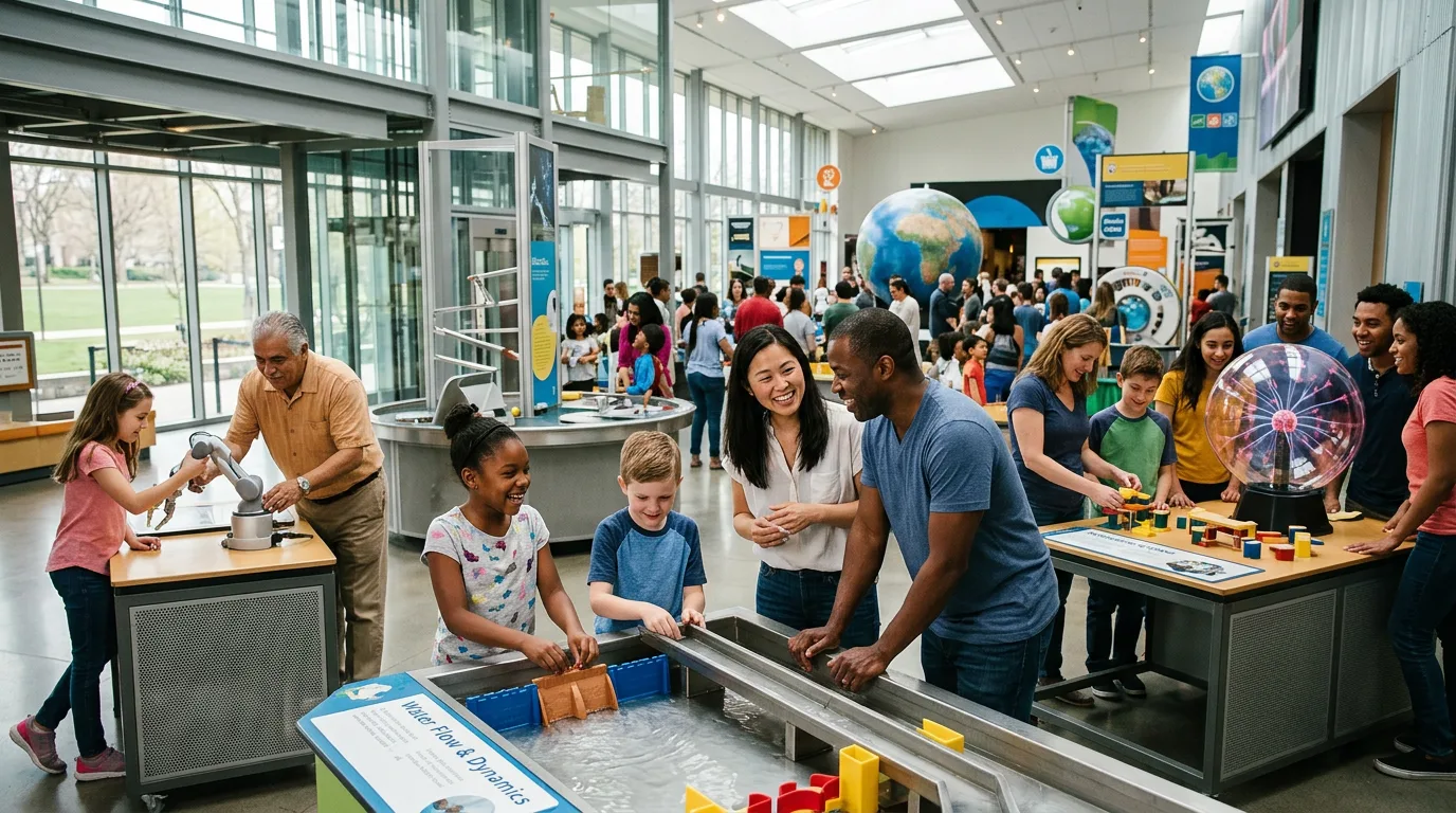 Bambini e adulti che imparano attivamente in un moderno museo della scienza.
