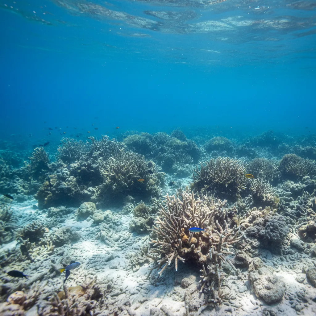 Coraux blanchis de la Grande Barrière de Corail, d'un blanc fantomatique.