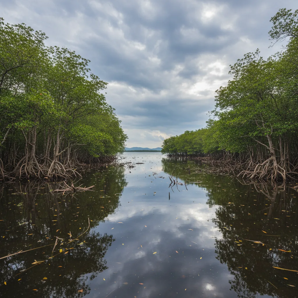 Forêt de mangroves submergée en raison de l'élévation du niveau de la mer.