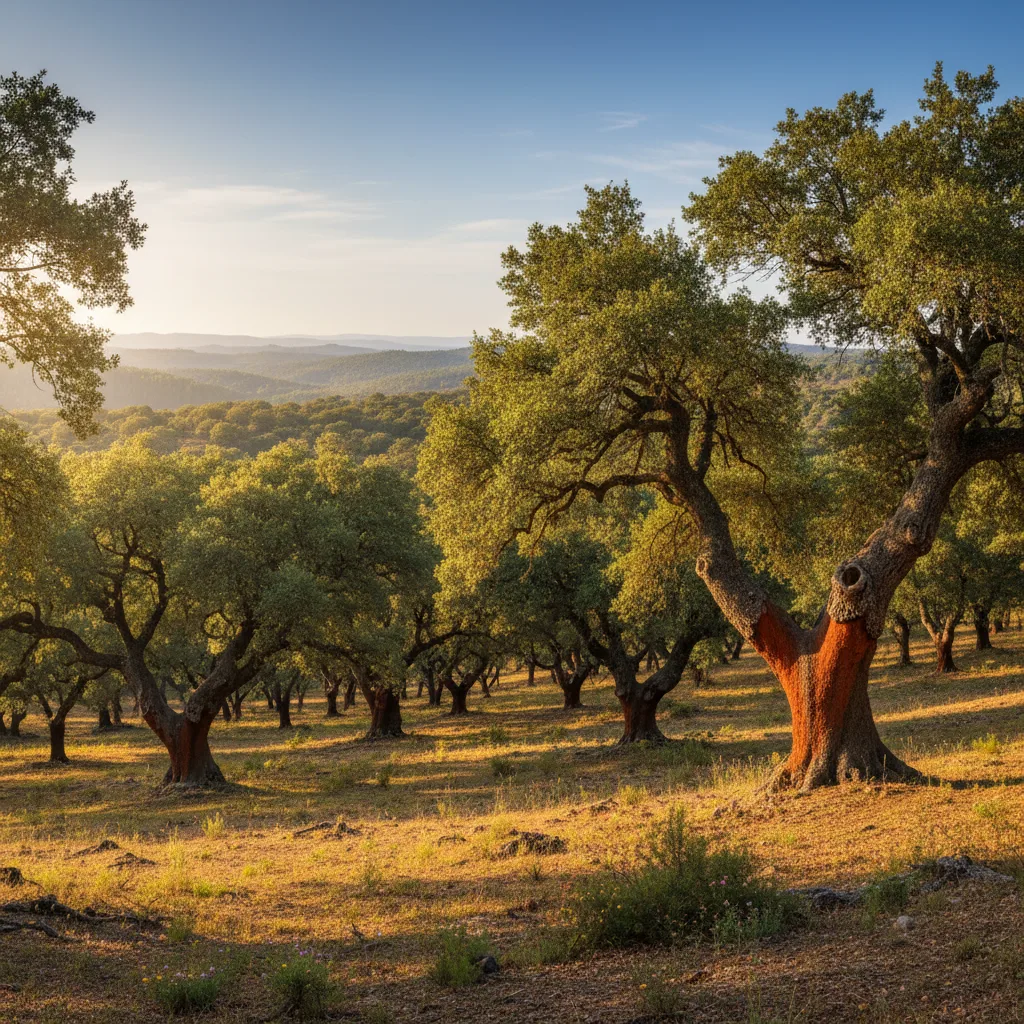 Antica foresta di querce da sughero, corteccia raccolta, paesaggio mediterraneo.