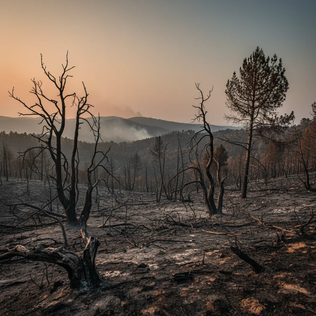 Foresta mediterranea devastata dopo un grave incendio boschivo.