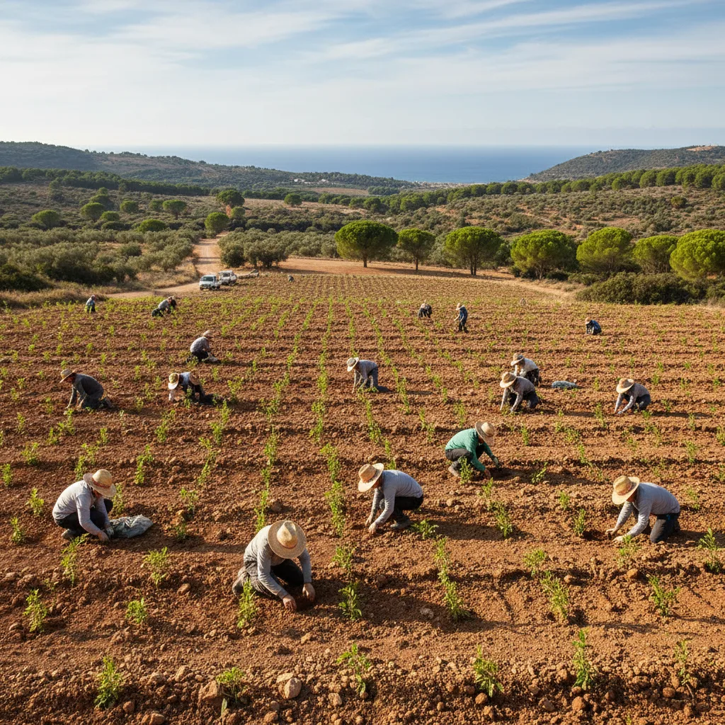 Giovani alberi piantati in un'area mediterranea riforestata.