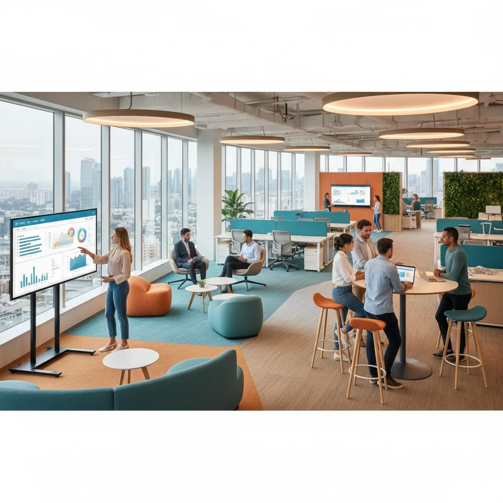 Espace de bureau moderne flexible et collaboratif avec des travailleurs divers.