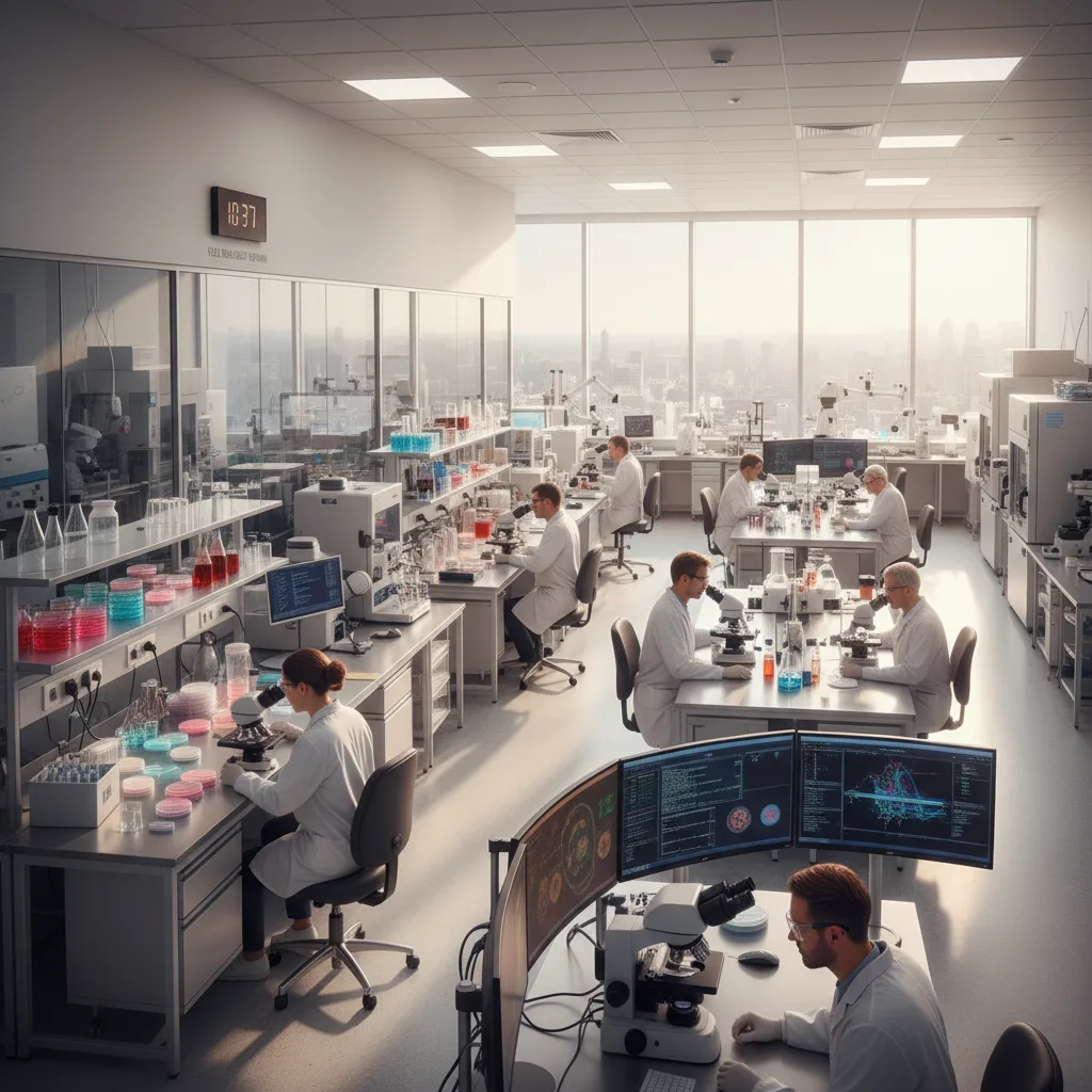 Científicos en un laboratorio moderno analizando células para terapia génica CRISPR.