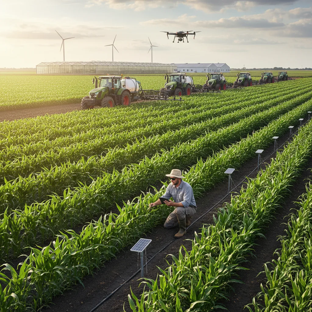 Agricultor inspeccionando cultivos sanos y genéticamente mejorados en un campo soleado.