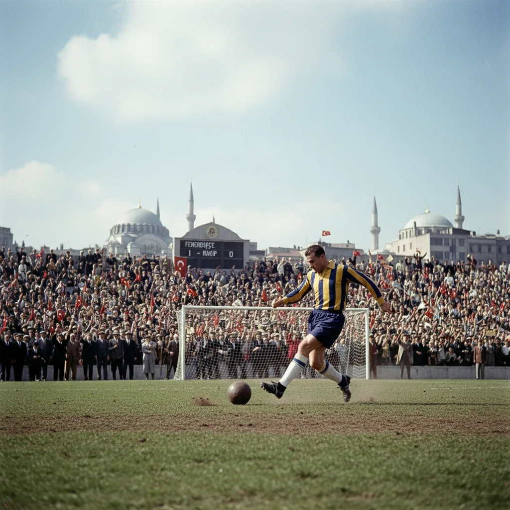 Lefter Küçükandonyadis, leggenda del Fenerbahçe, segna in una partita degli anni '50.