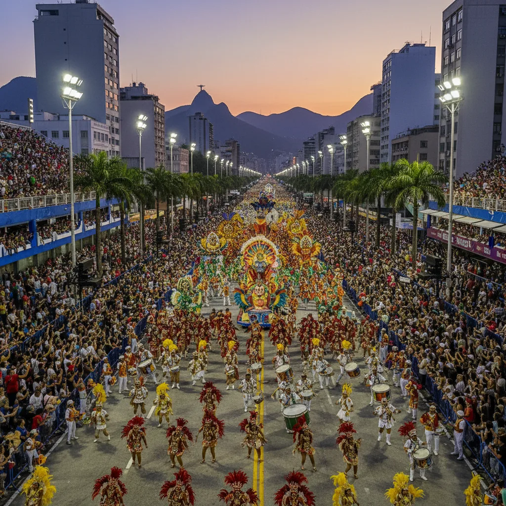 Vibrante desfile del Carnaval de Río con disfraces elaborados.