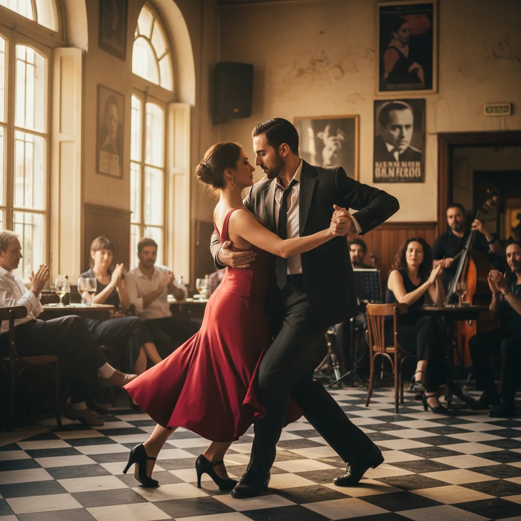 Pareja apasionada bailando Tango en Buenos Aires.