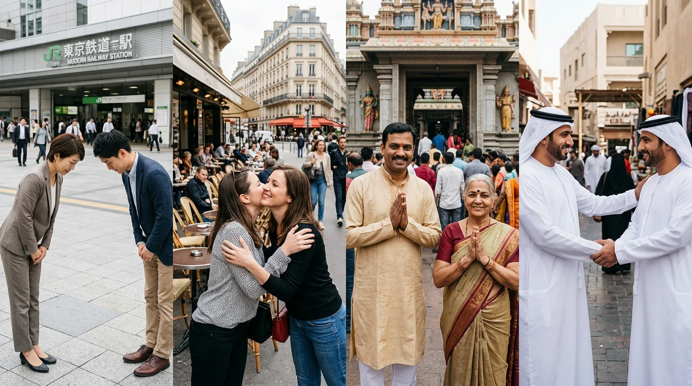 Diverses salutations culturelles : révérence, poignée de main, Namaste, bise.