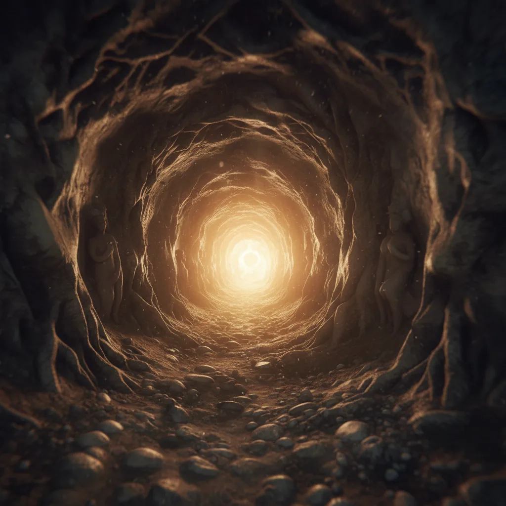 Persona experimentando una experiencia cercana a la muerte, moviéndose hacia la luz.