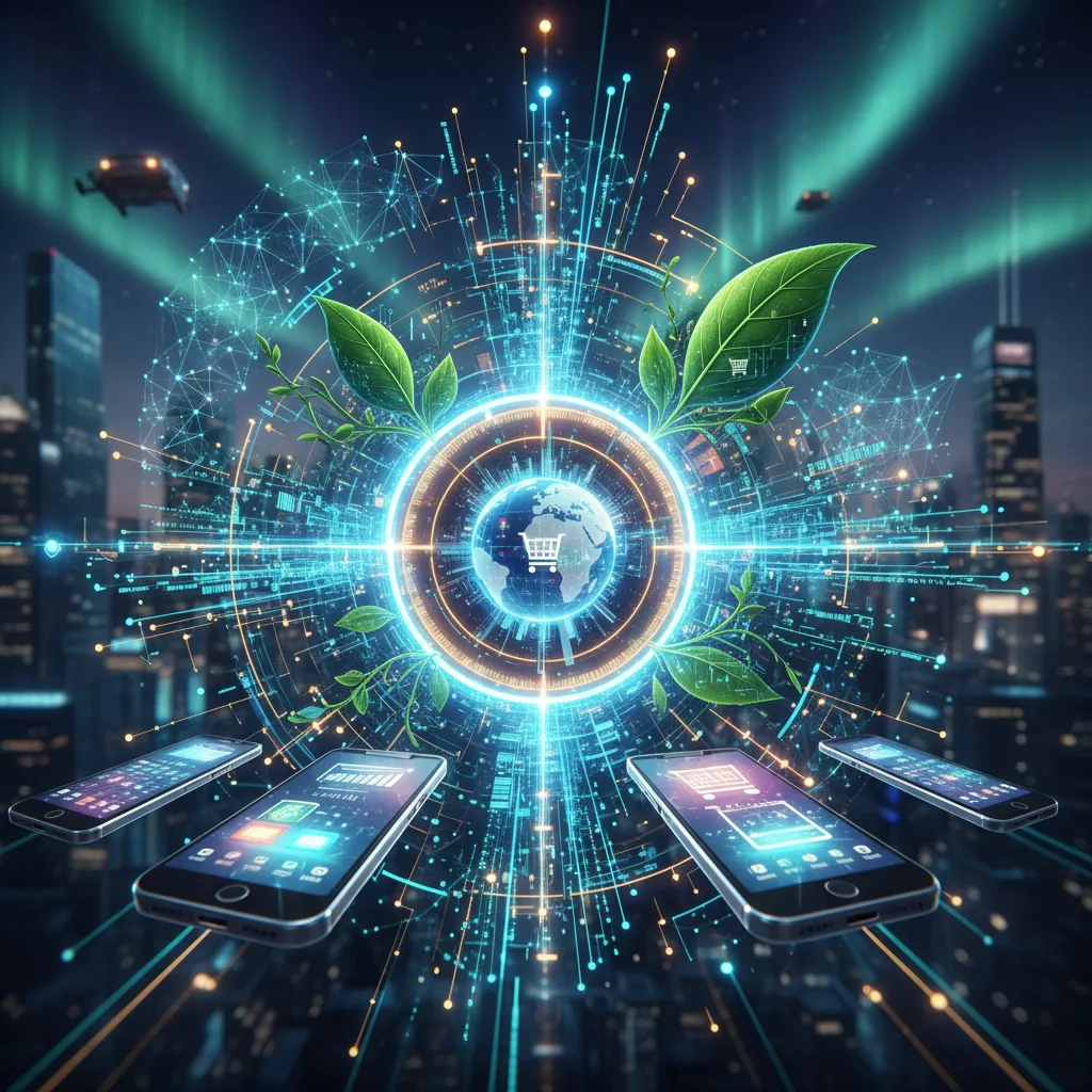 Tendenze future dell'e-commerce: mobile, AI, sostenibilità, personalizzazione, esperienza senza soluzione di continuità.