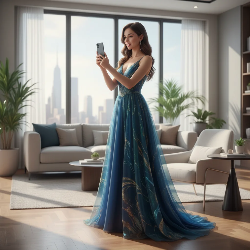 Donna che prova virtualmente vestiti usando la realtà aumentata su smartphone.