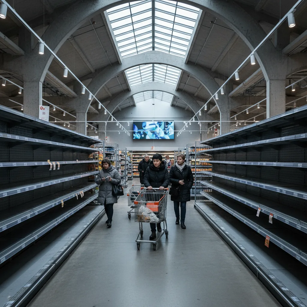 Scaffali vuoti di supermercati, che riflettono carenze di approvvigionamento e acquisti dettati dal panico.