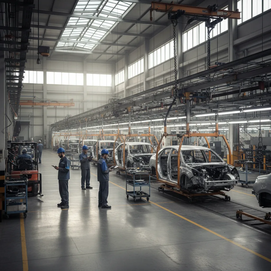 Una catena di montaggio di una fabbrica di automobili ferma, che mostra difficoltà di produzione.