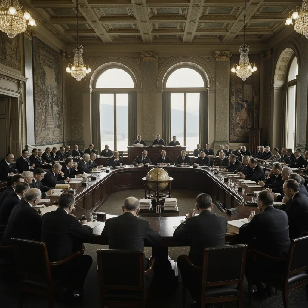 Reunión de la Sociedad de Naciones discutiendo las sanciones a Italia, 1935.