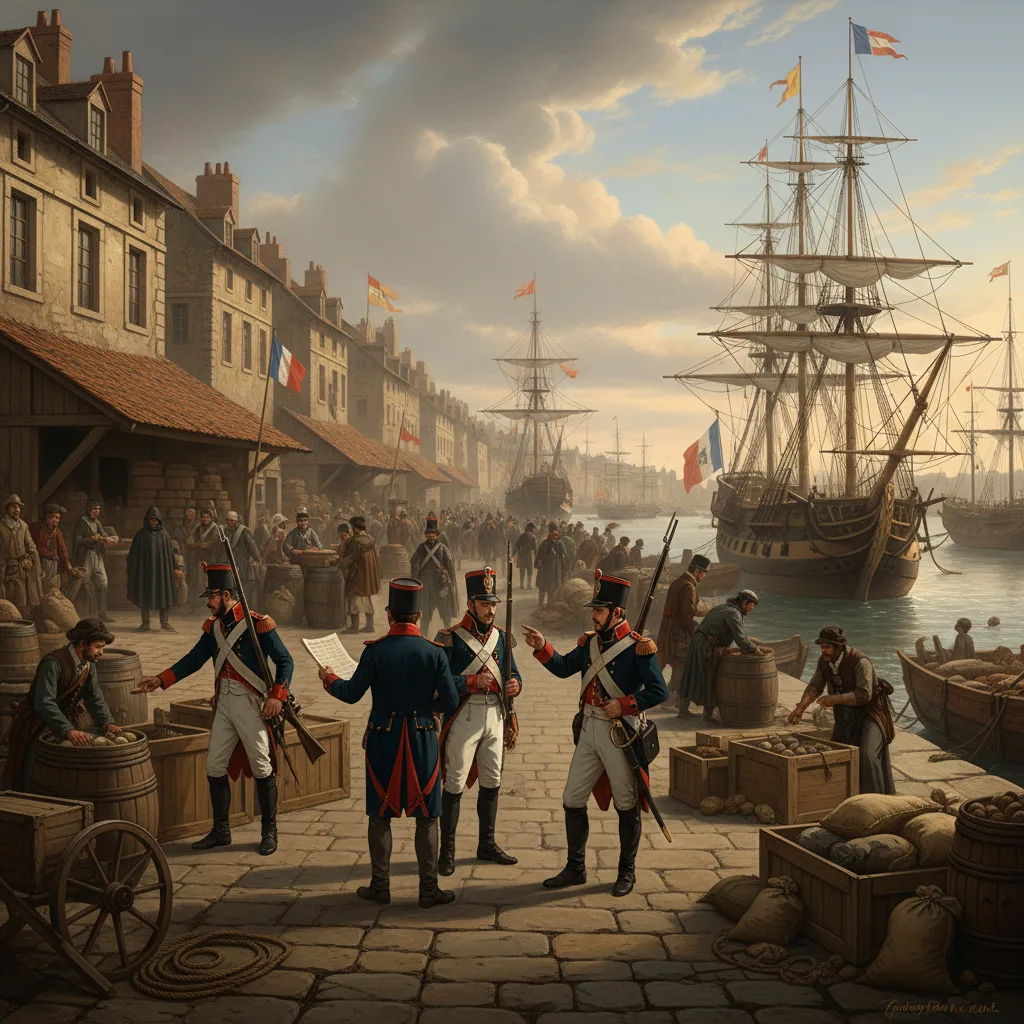 Soldats français appliquant le Système continental de Napoléon dans un port européen.